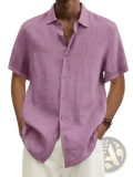 Men’s soft lavender linen blend casual short sleeve shirt with classic collar and button-down front