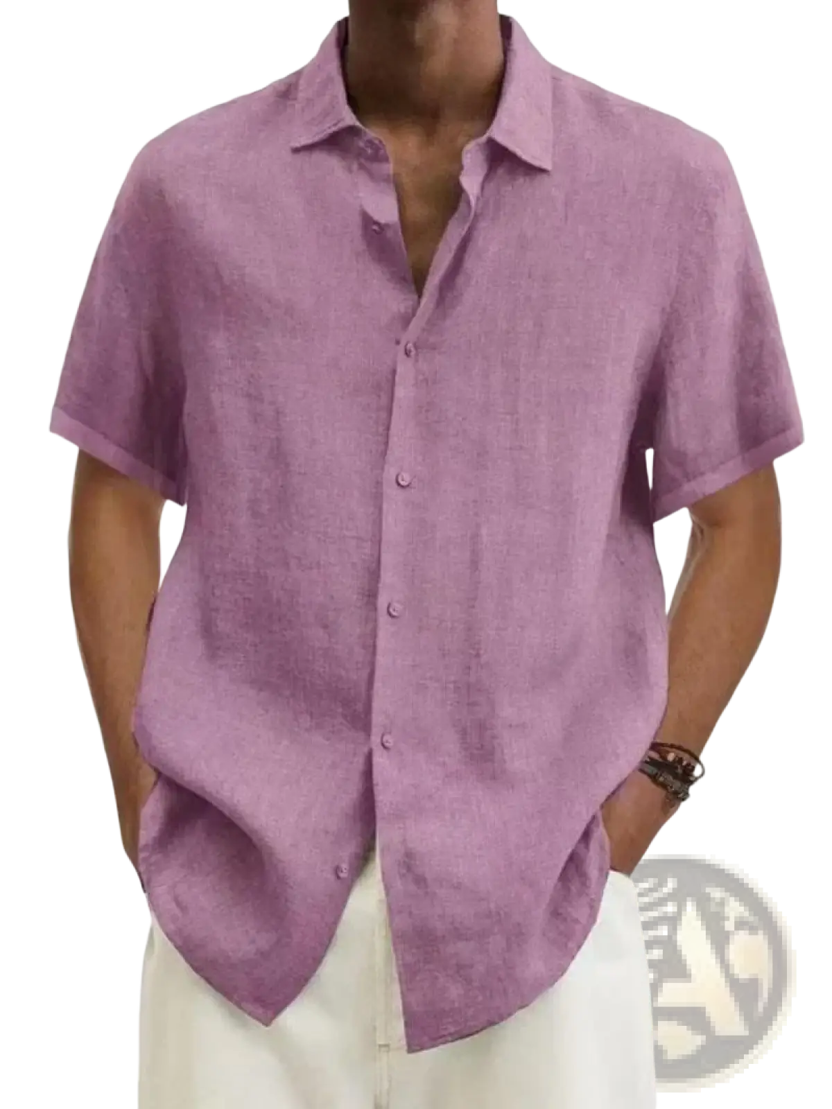 Men’s soft lavender linen blend casual short sleeve shirt with classic collar and button-down front