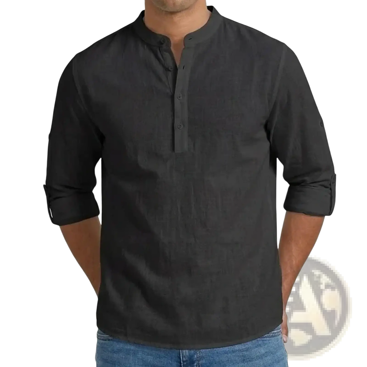 Men’s black linen blend long sleeve henley shirt with rolled-up sleeves and buttoned mandarin collar