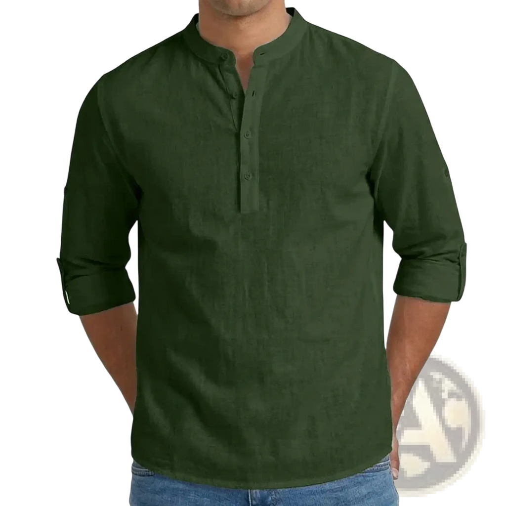 Dark green men’s linen blend long sleeve henley shirt with mandarin collar and buttoned placket