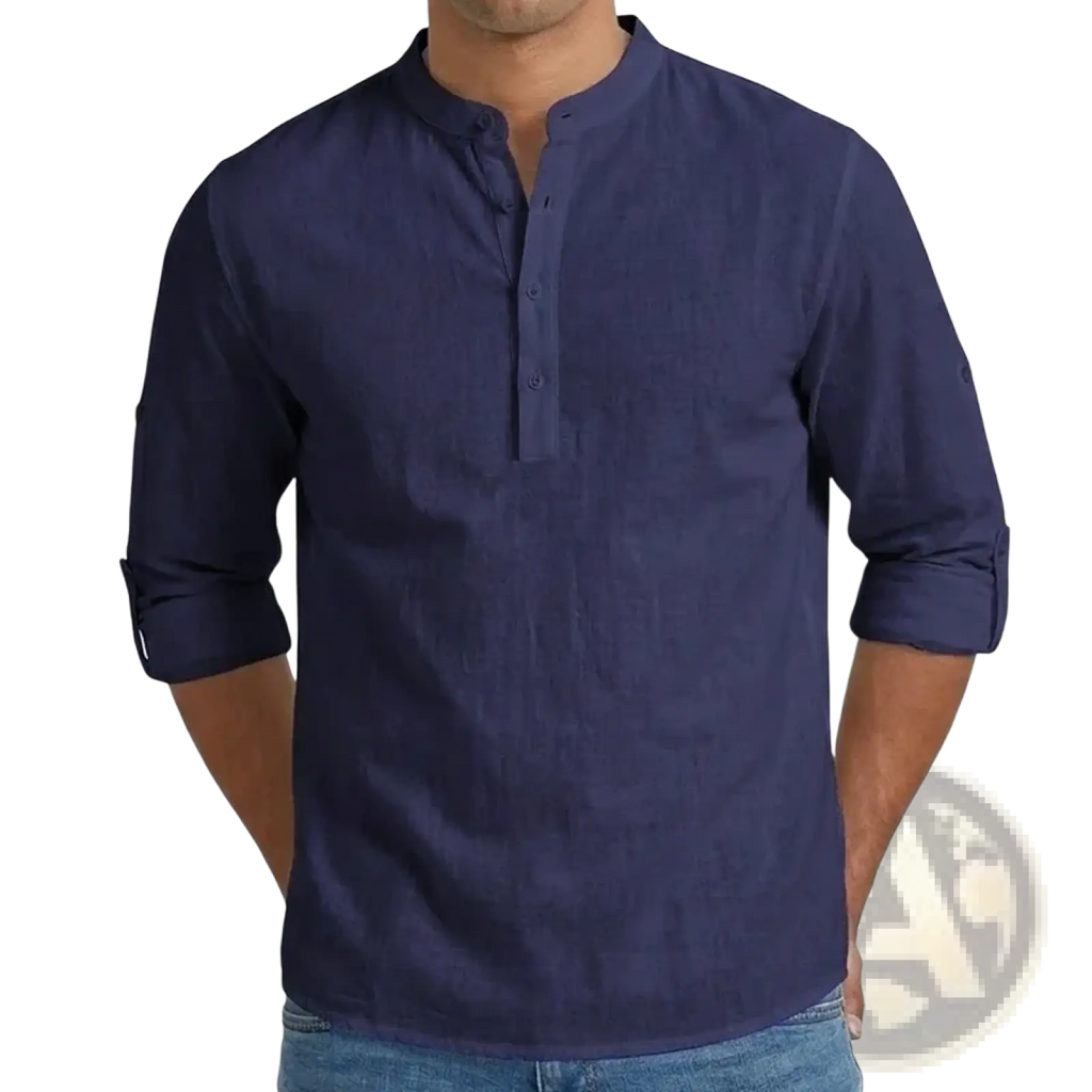 Navy blue men’s linen blend long sleeve henley shirt with rolled-up sleeves and buttoned placket front detail