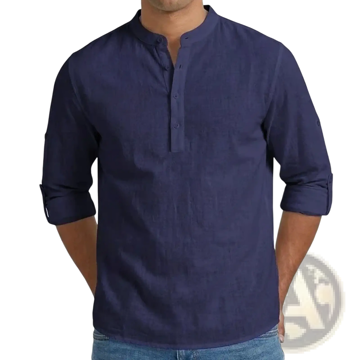 Navy blue men’s linen blend long sleeve henley shirt with rolled-up sleeves and buttoned placket front detail