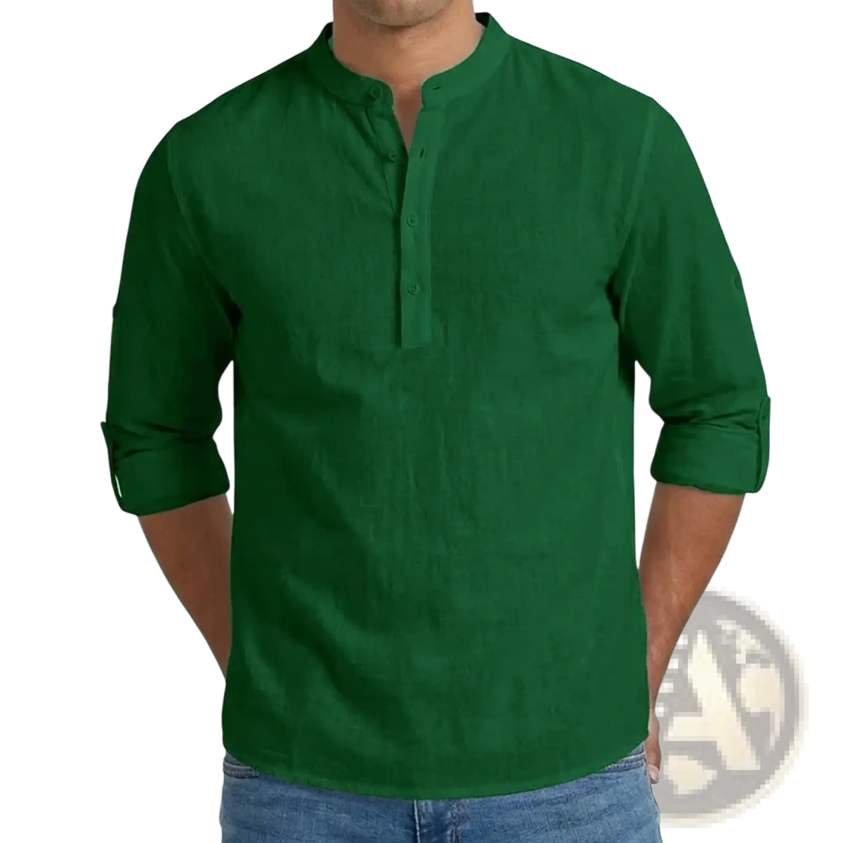 Men’s solid green linen blend long sleeve henley shirt with mandarin collar and button placket