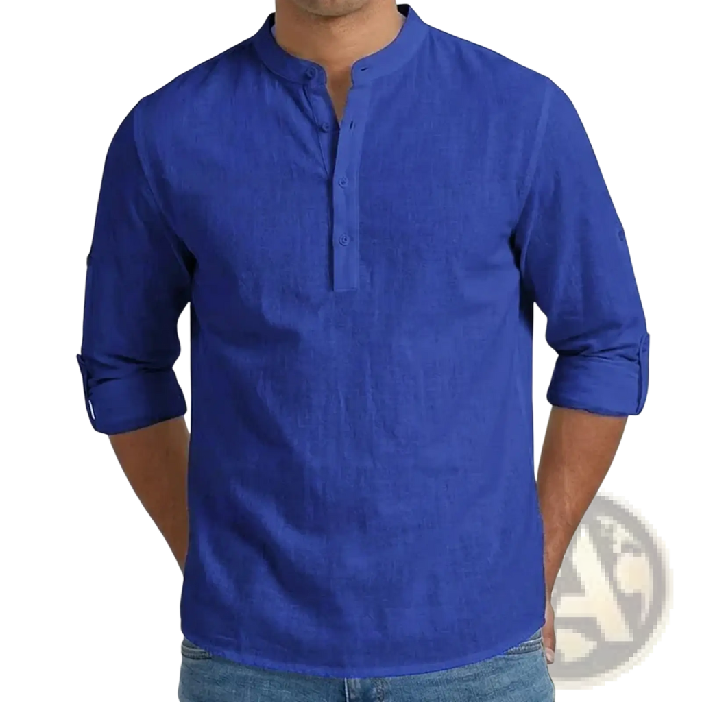 Men’s linen blend long sleeve henley shirt in vibrant royal blue with textured fabric and rolled-up cuffs