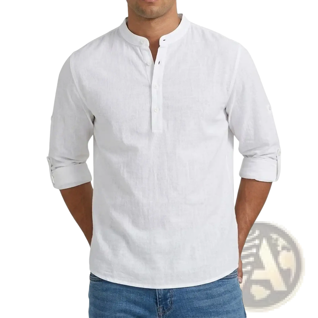 Men’s white linen blend long sleeve henley shirt with mandarin collar and button-front closure