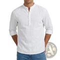 Men’s white linen blend long sleeve henley shirt with mandarin collar and button-front closure