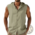 Men’s olive green linen blend sleeveless hooded button-up shirt with relaxed fit and subtle vertical texture