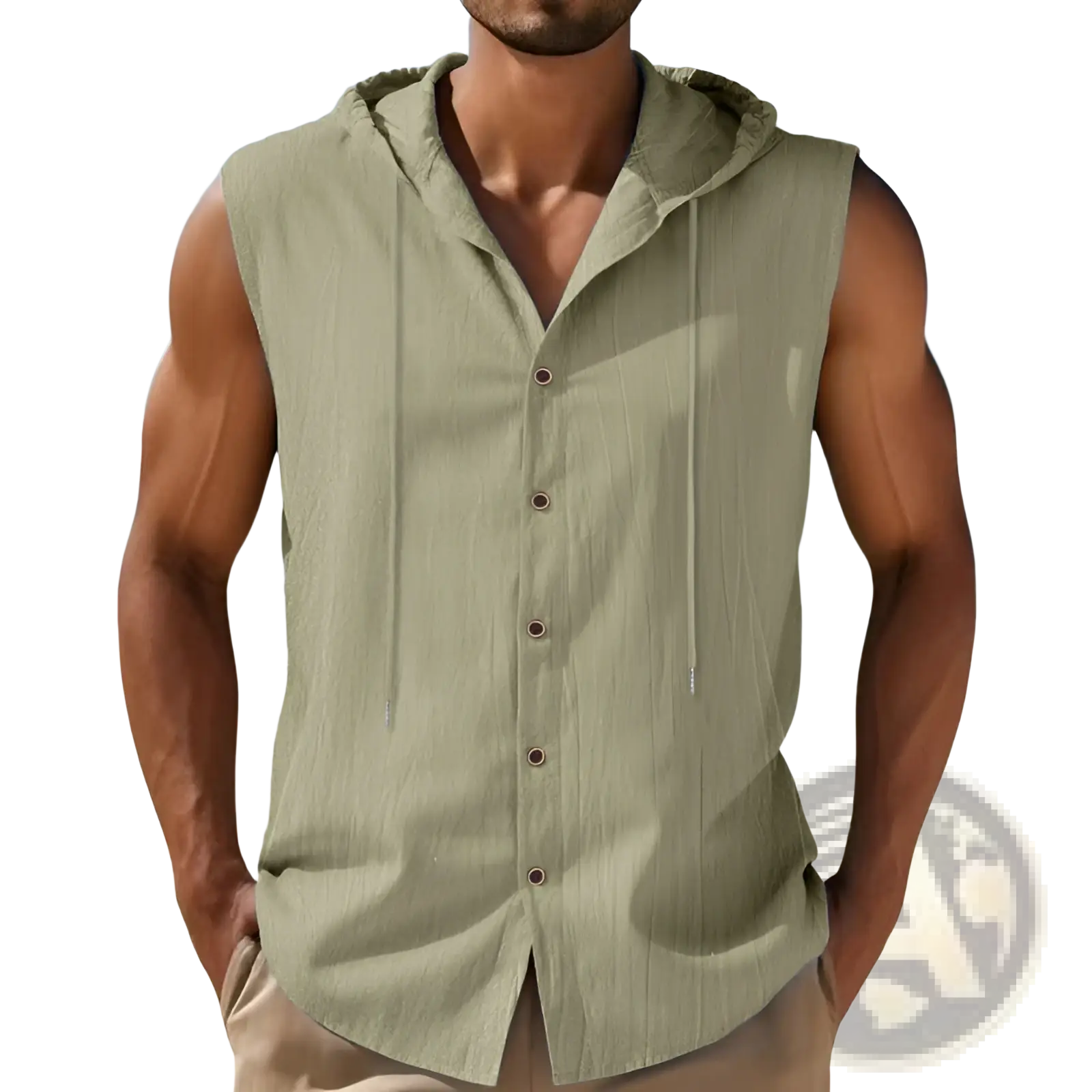Men’s olive green linen blend sleeveless hooded button-up shirt with relaxed fit and subtle vertical texture