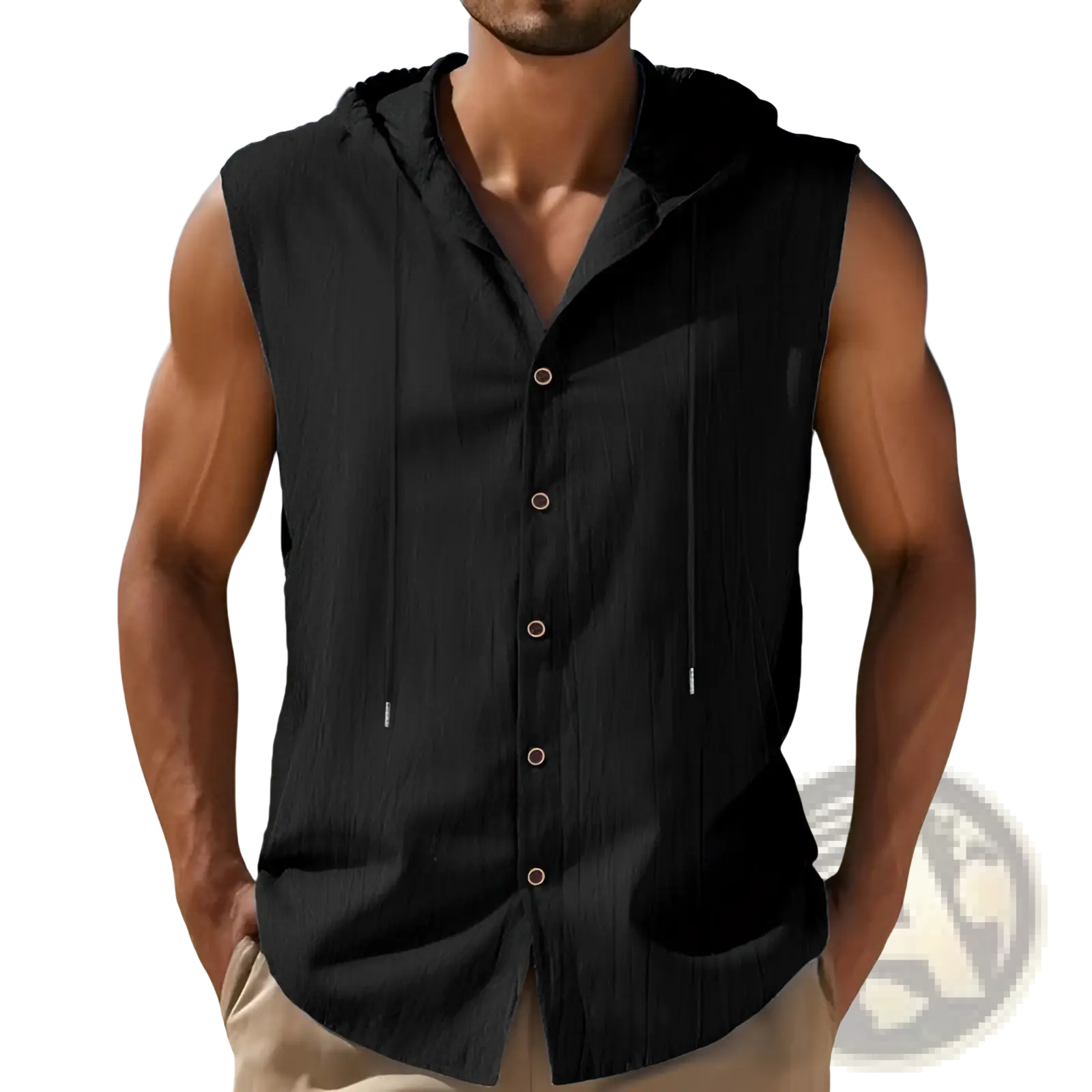 Men’s black linen blend sleeveless hooded shirt with button front and subtle vertical stitching details