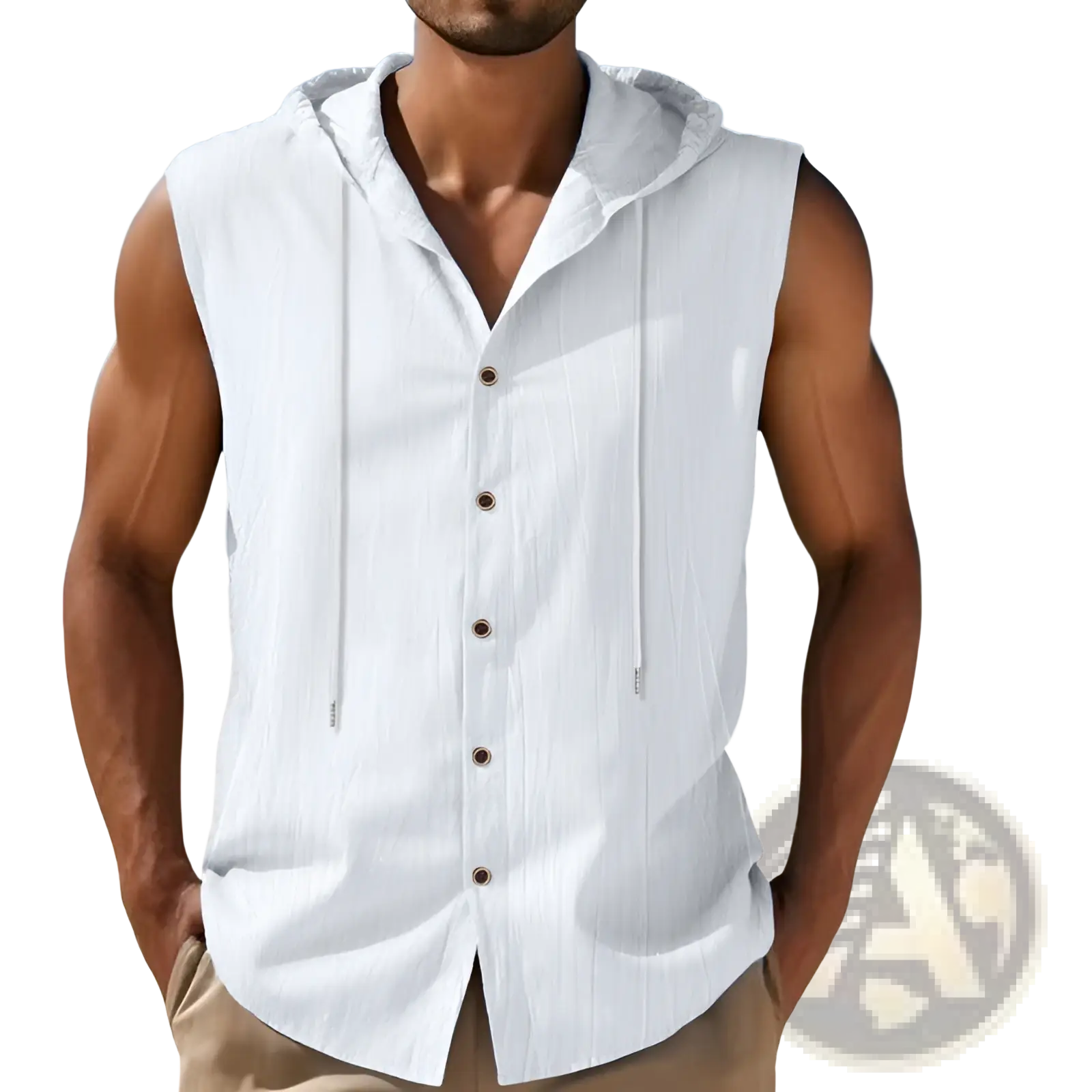 Men’s white linen blend sleeveless hooded shirt with button-front design and drawstring detailing