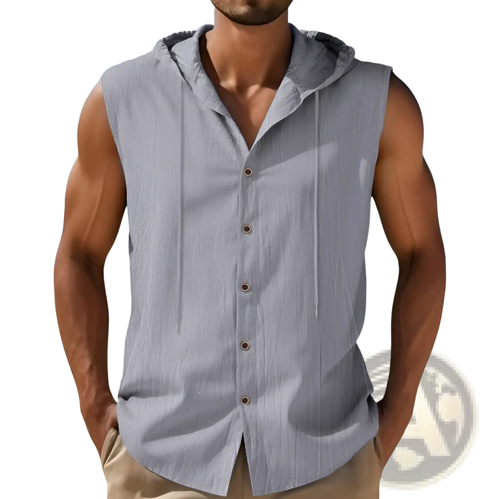 Men’s light gray linen blend sleeveless hooded shirt with button-front design and drawstring hood