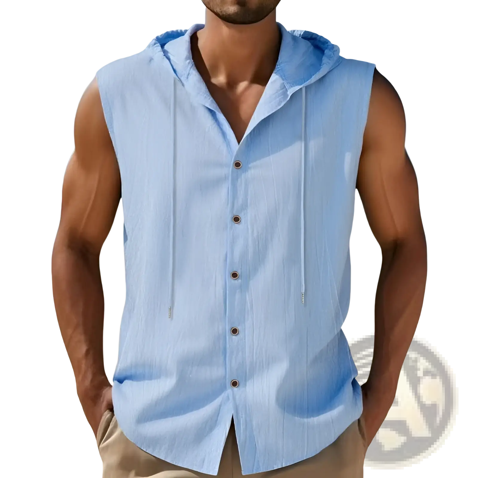 Light blue men’s linen blend sleeveless hooded button up shirt with drawstring hood and button front closure