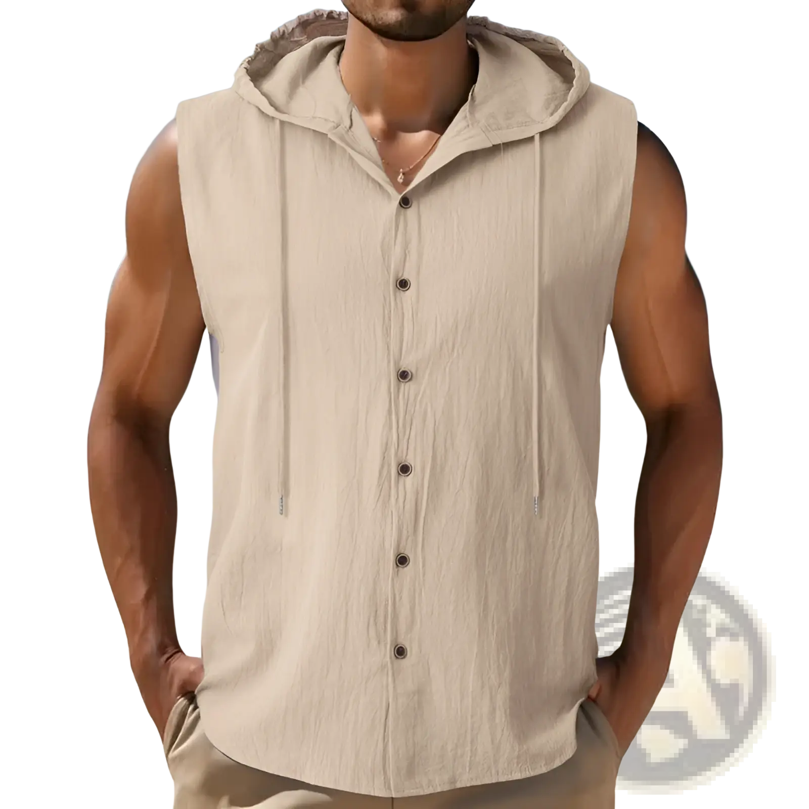 Beige men’s linen blend sleeveless hooded button up shirt with textured fabric and matching drawstrings