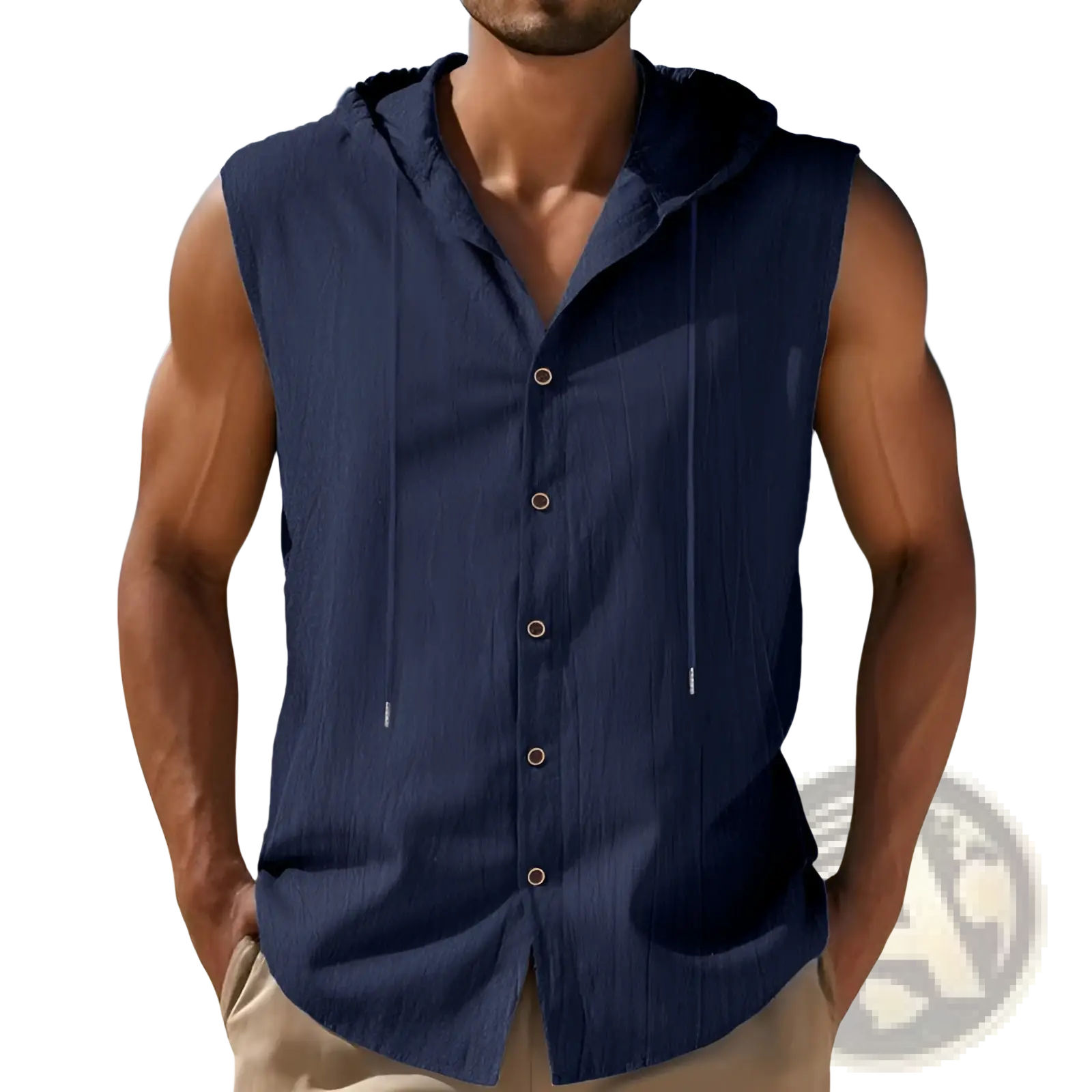 Men’s navy blue linen blend sleeveless hooded button up shirt with subtle vertical texture and matching drawstrings