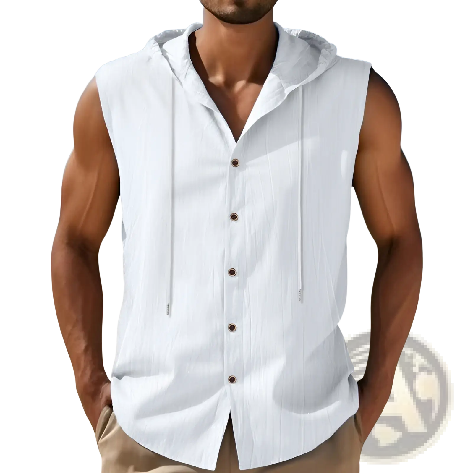 Men’s white linen blend sleeveless hoodie shirt with button front and drawstring hood for casual wear