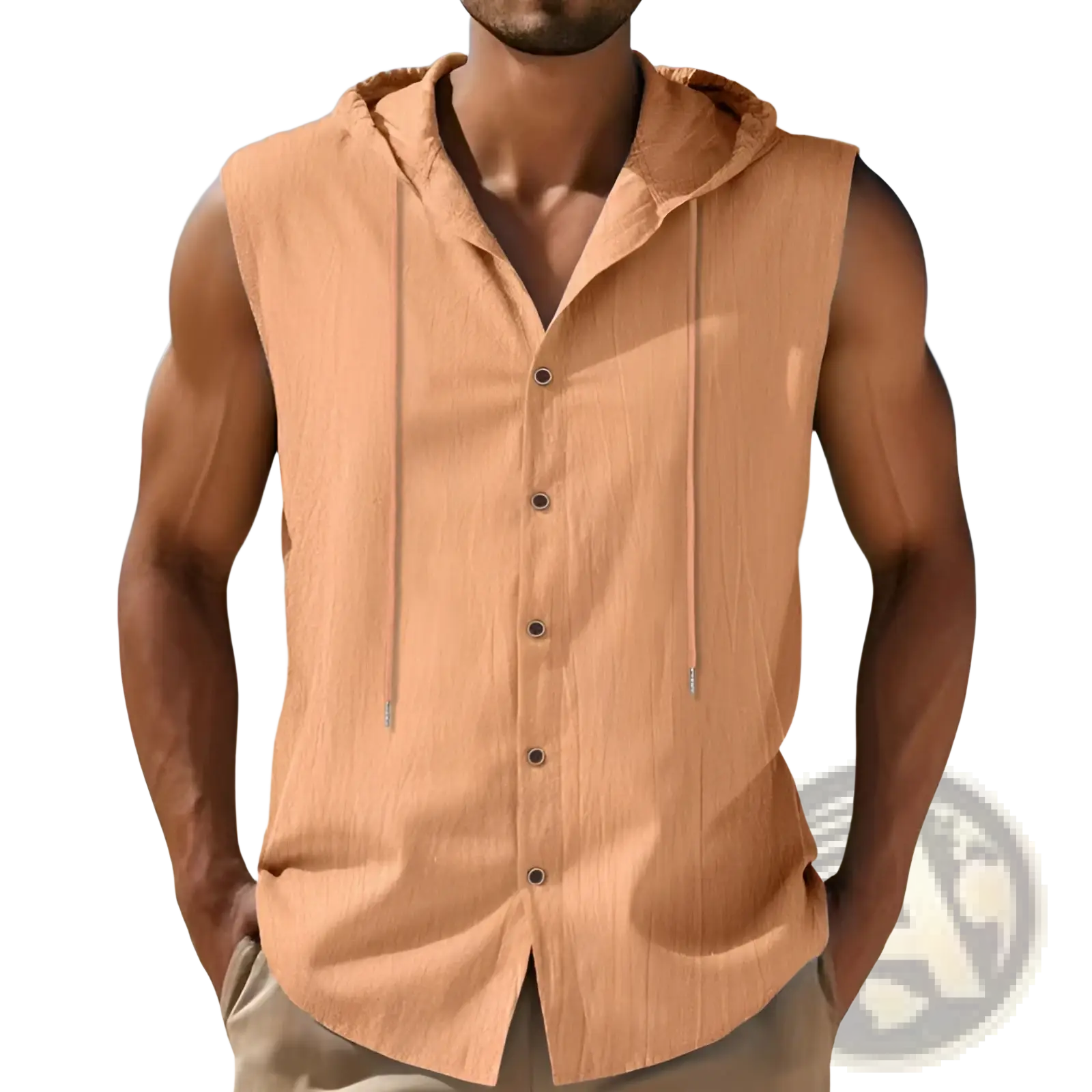 A tan men’s linen blend sleeveless hooded button up shirt with drawstrings and button front design