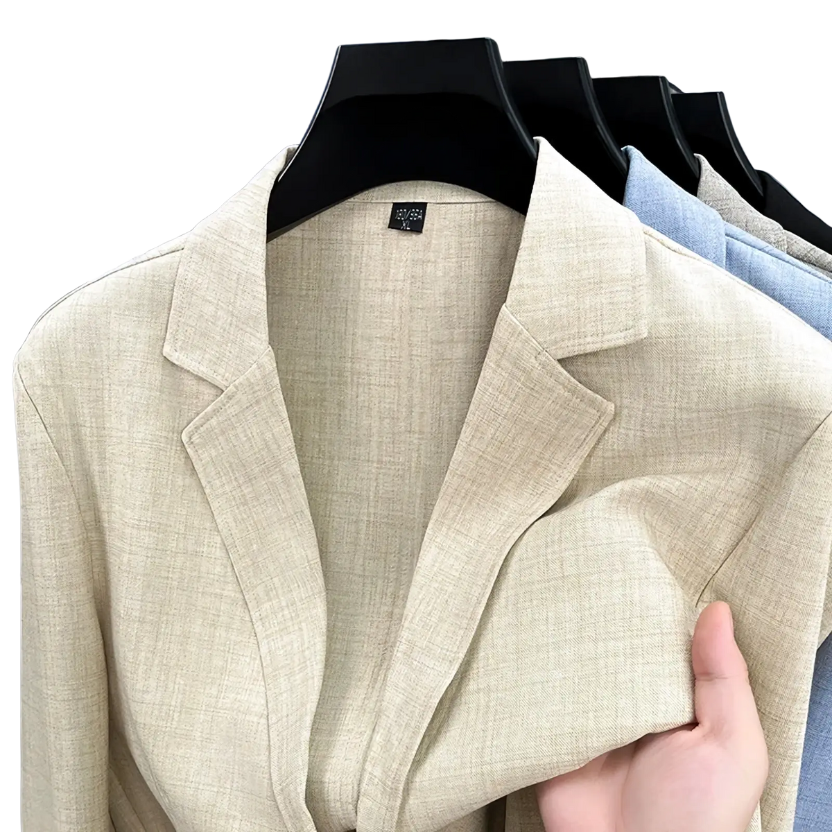 Beige mens linen blend summer blazer with structured collar and clean lines lightweight casual jacket