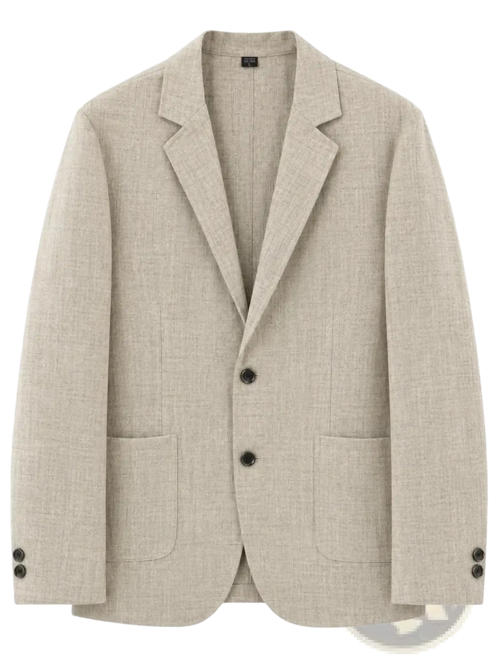 Beige linen blend summer blazer with subtle texture and dark brown buttons lightweight casual suit jacket