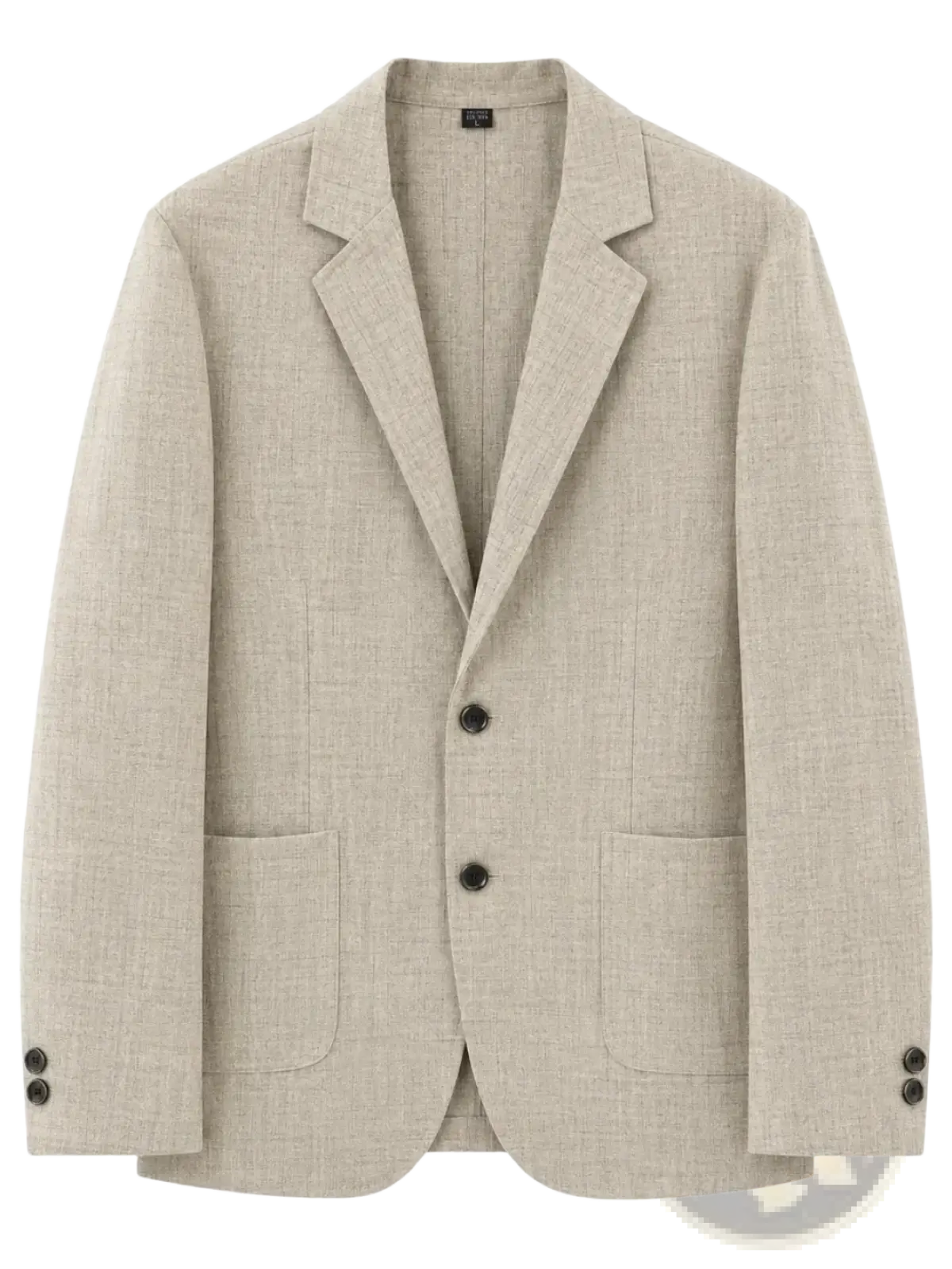Beige linen blend summer blazer with subtle texture and dark brown buttons lightweight casual suit jacket
