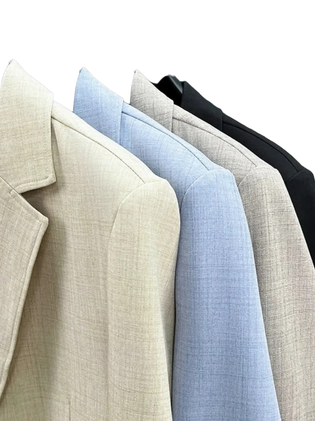 Beige and light blue mens linen blend summer blazers lightweight casual suit jackets hanging on black hangers