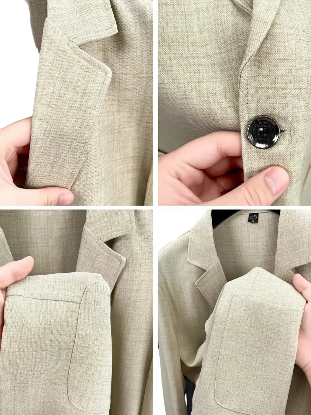 Beige textured linen blazer with subtle weave structured lapels and single black button for lightweight summer wear