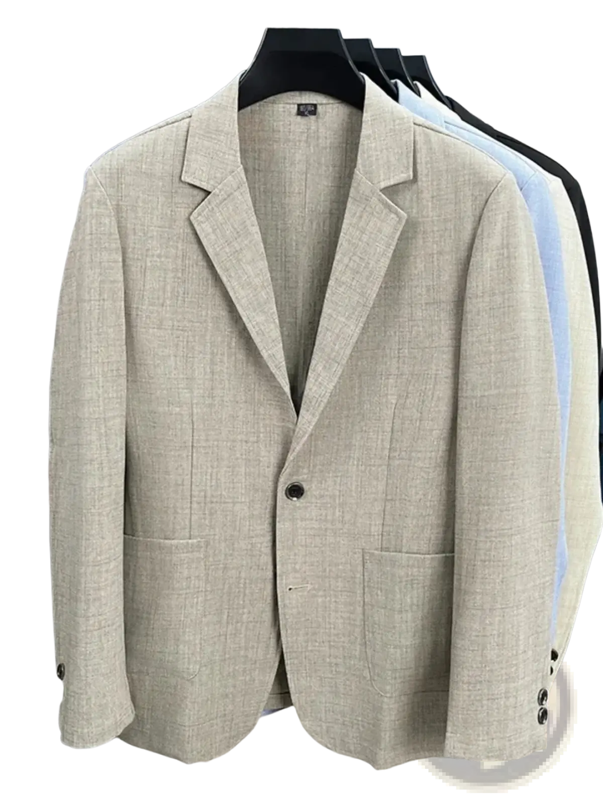 Beige textured linen blend summer blazer with notched lapels and single-breasted lightweight design for men