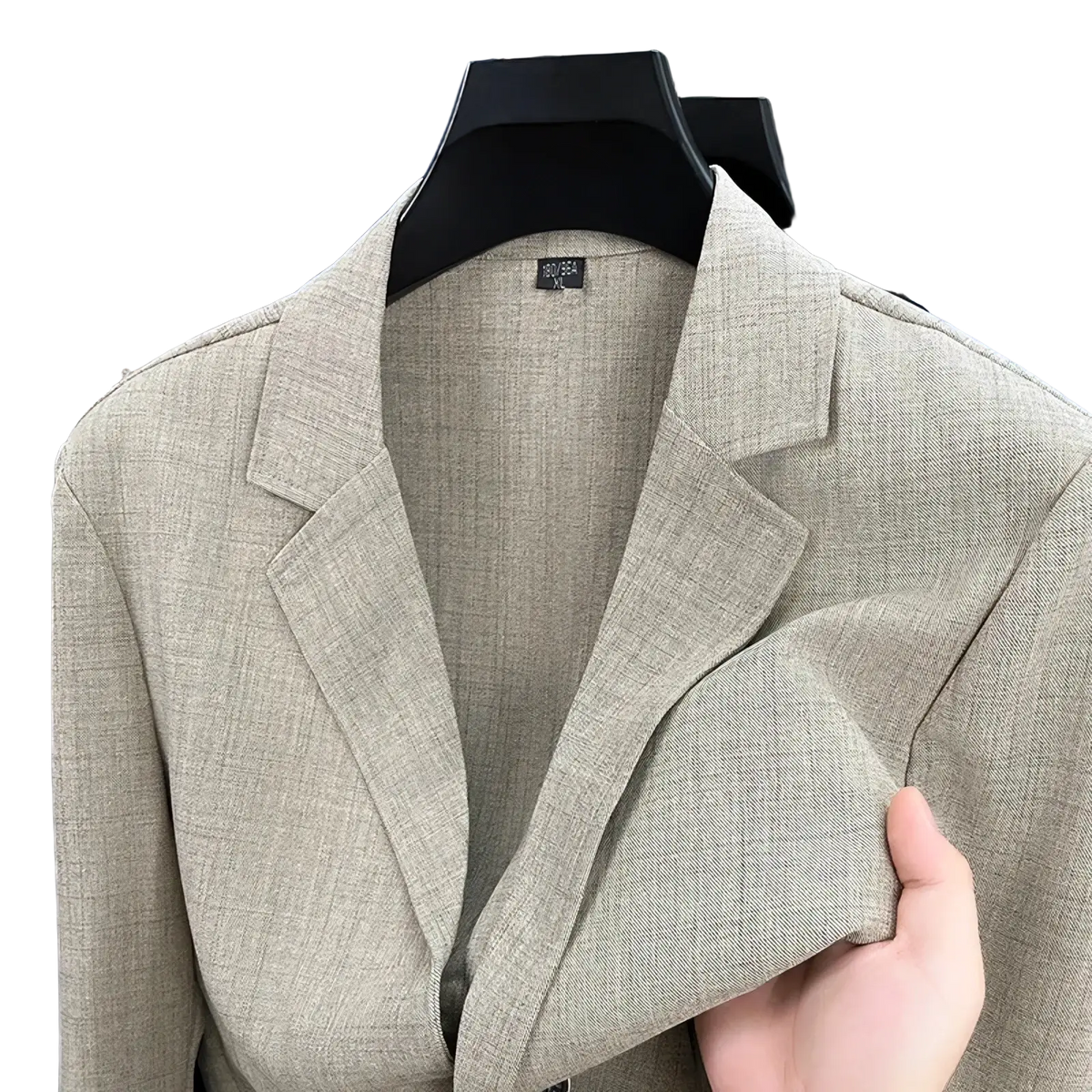 Beige textured mens linen blend summer blazer with subtle herringbone weave and structured lapels for casual wear
