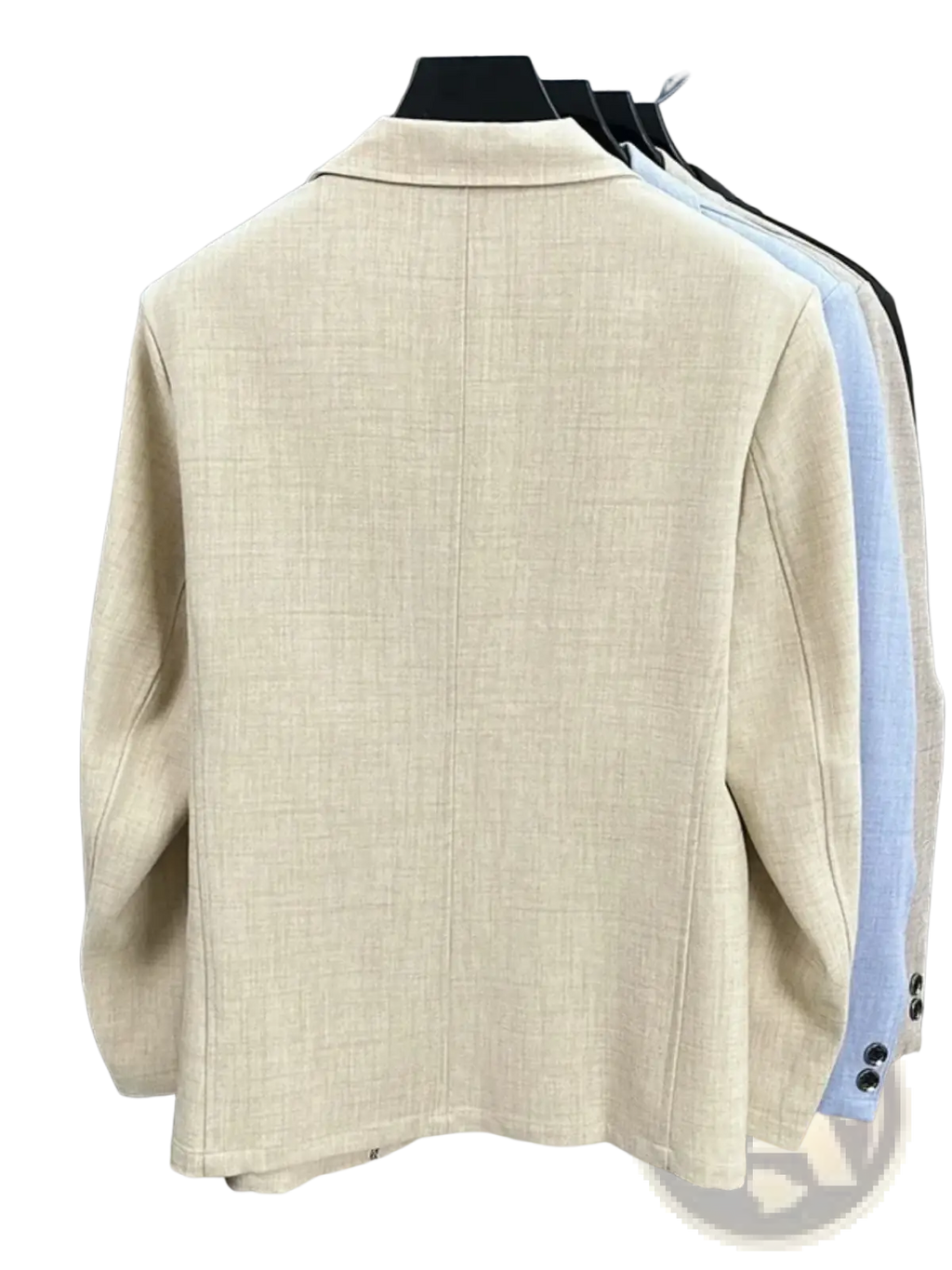 Beige textured linen blend summer blazer with subtle weave pattern and classic notched lapel for casual wear