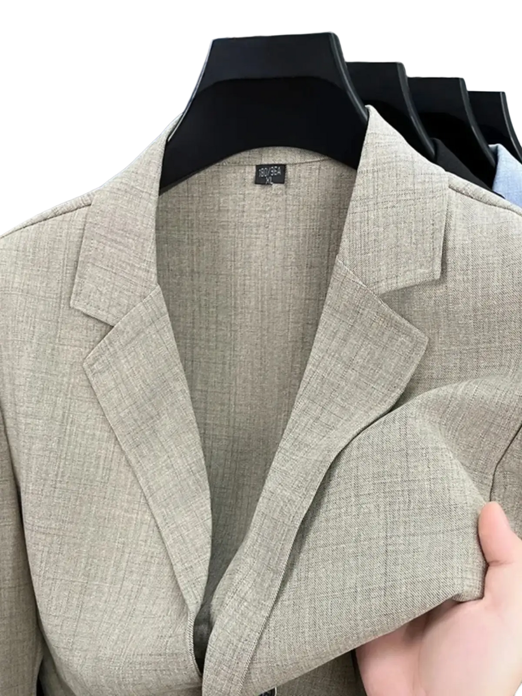 Beige linen blend mens summer blazer with textured fabric, structured collar, and tailored lightweight casual fit