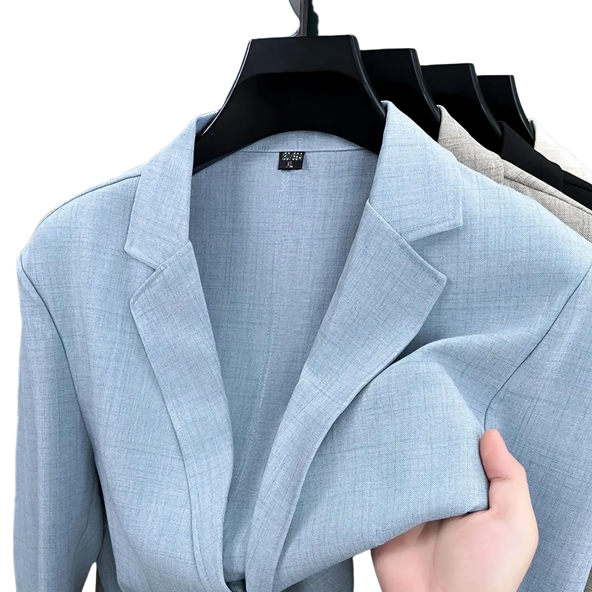 Light blue textured linen blend men’s summer blazer with subtle woven pattern on a black hanger