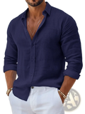 Navy blue mens linen button down beach shirt with long sleeves collar and rolled cuffs