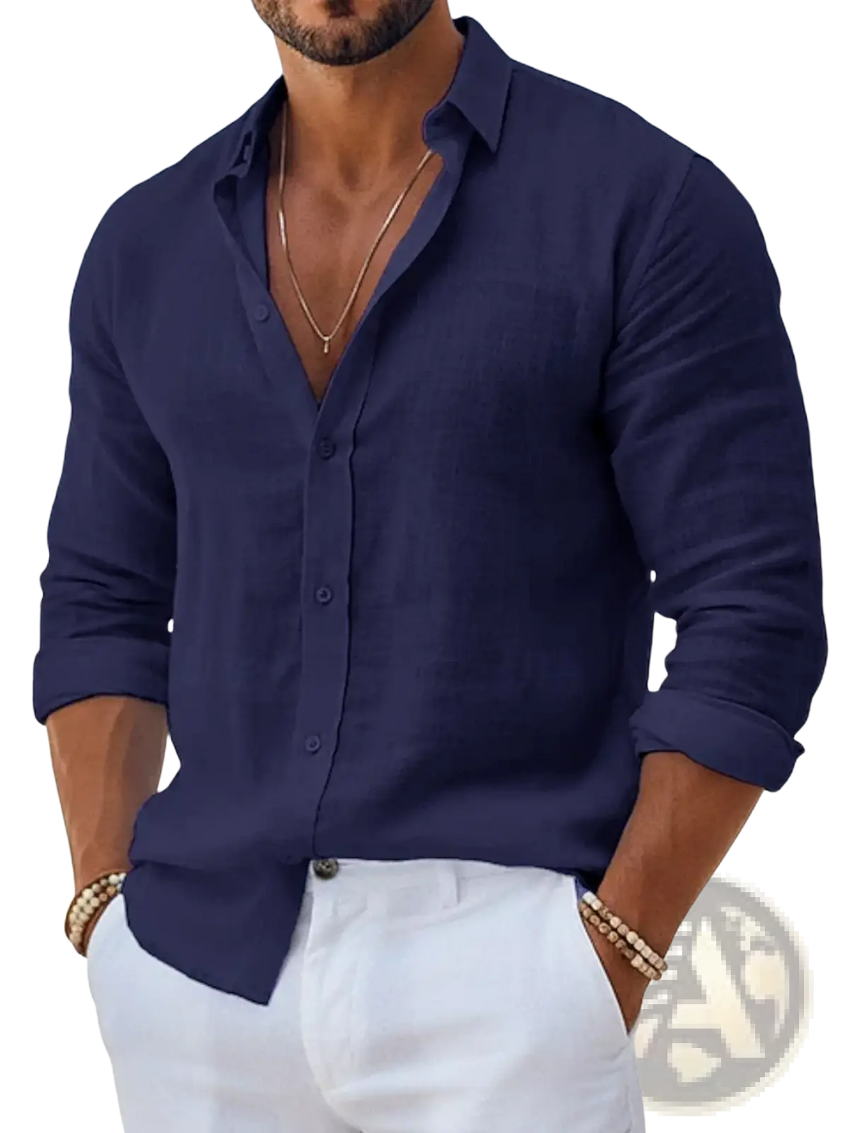 Navy blue mens linen button down beach shirt with long sleeves collar and rolled cuffs