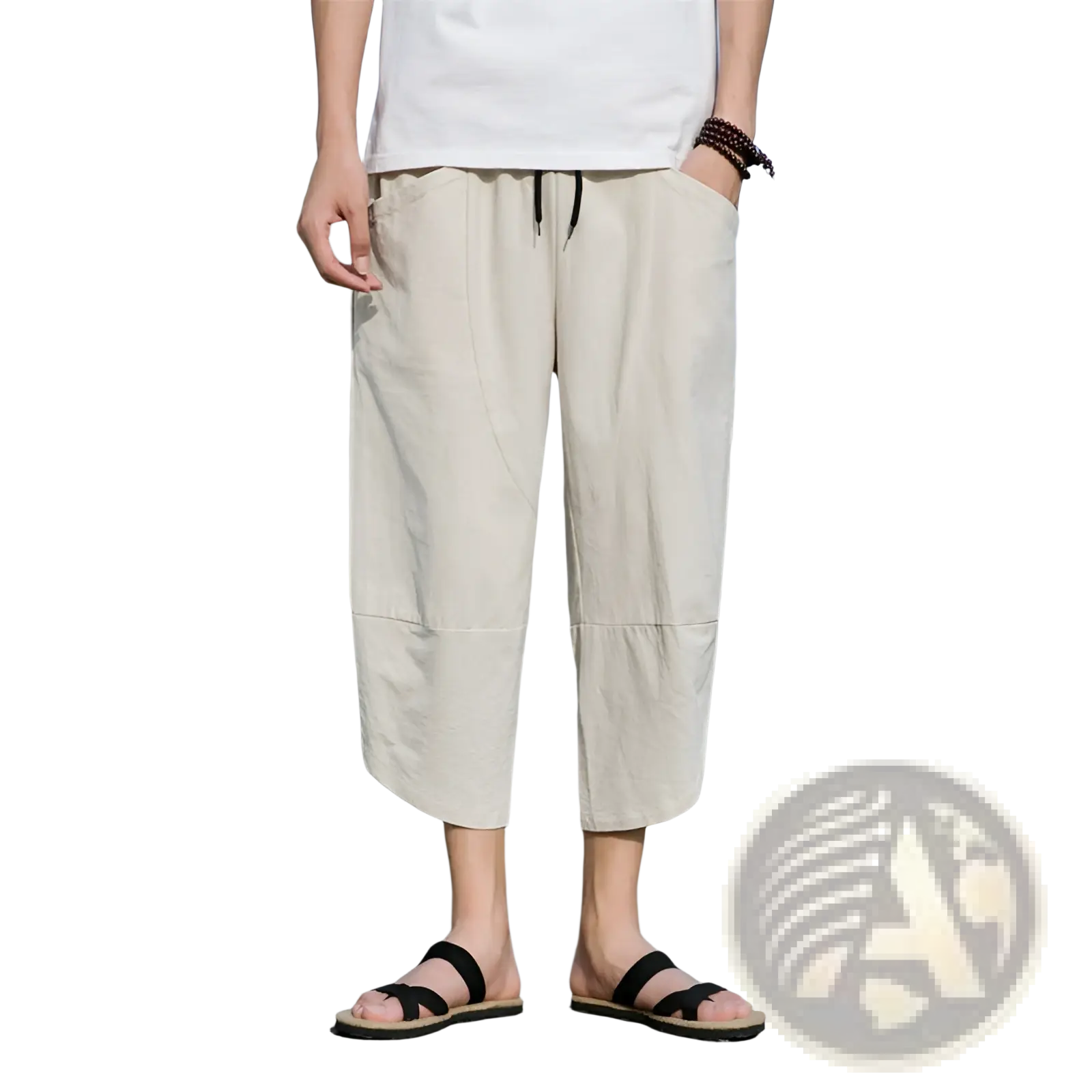 Beige linen men’s casual beach pants with relaxed loose fit and black drawstring waistband