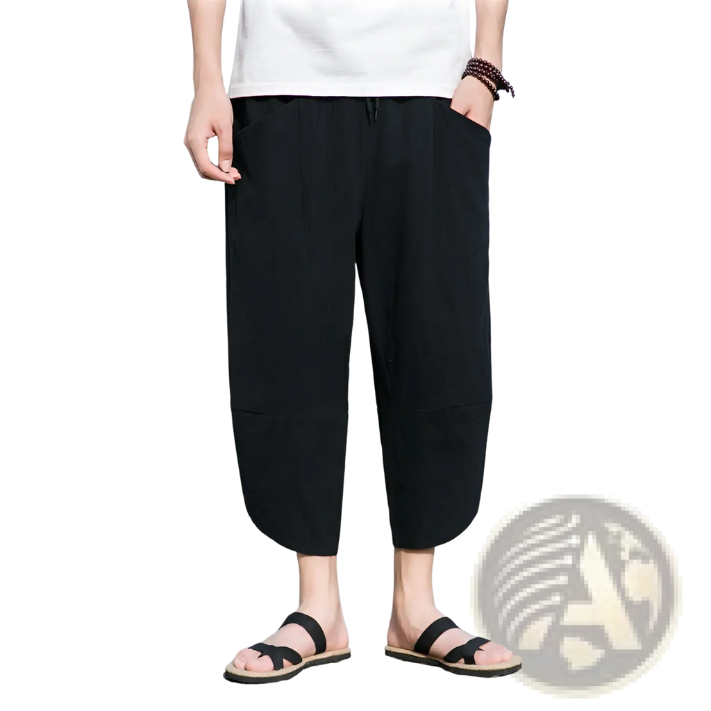 Men’s linen casual beach pants in black cotton with a loose fit, relaxed tapered cut, and side pockets