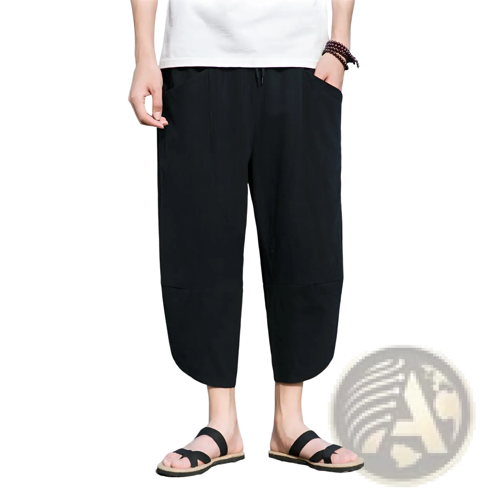 Men’s linen casual beach pants in black cotton with a loose fit, relaxed tapered cut, and side pockets