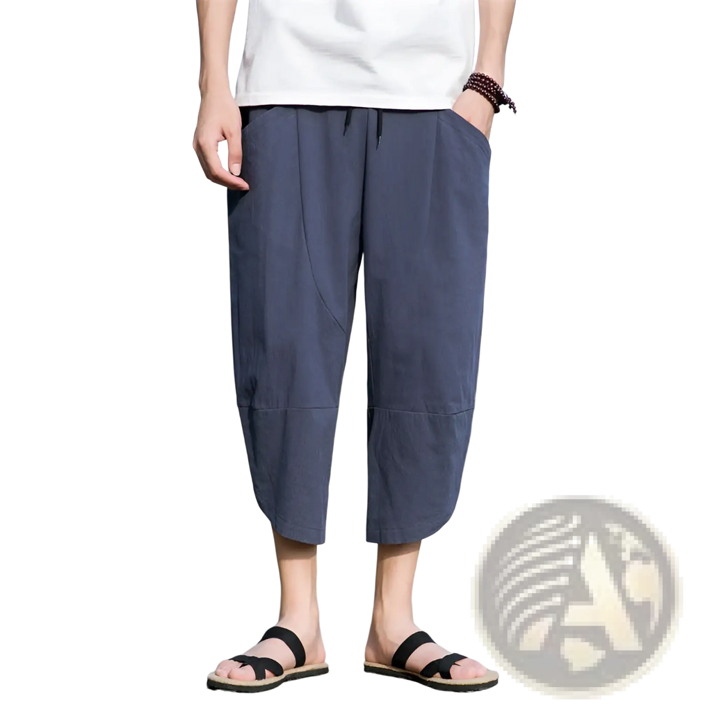 Men’s linen casual beach pants in dark blue loose-fitting cotton with a drawstring waist and cuffed hems