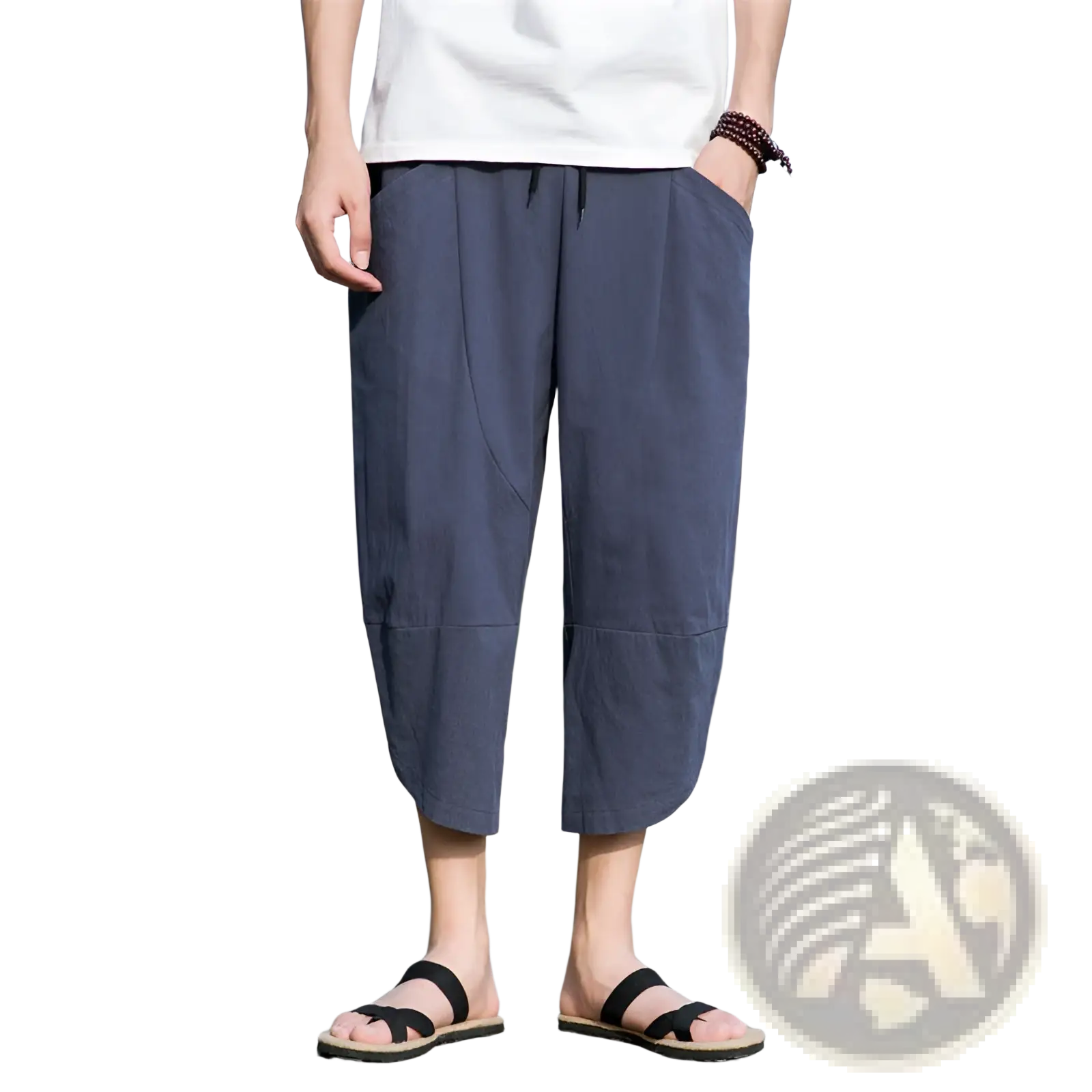 Men’s linen casual beach pants in dark blue loose-fitting cotton with a drawstring waist and cuffed hems