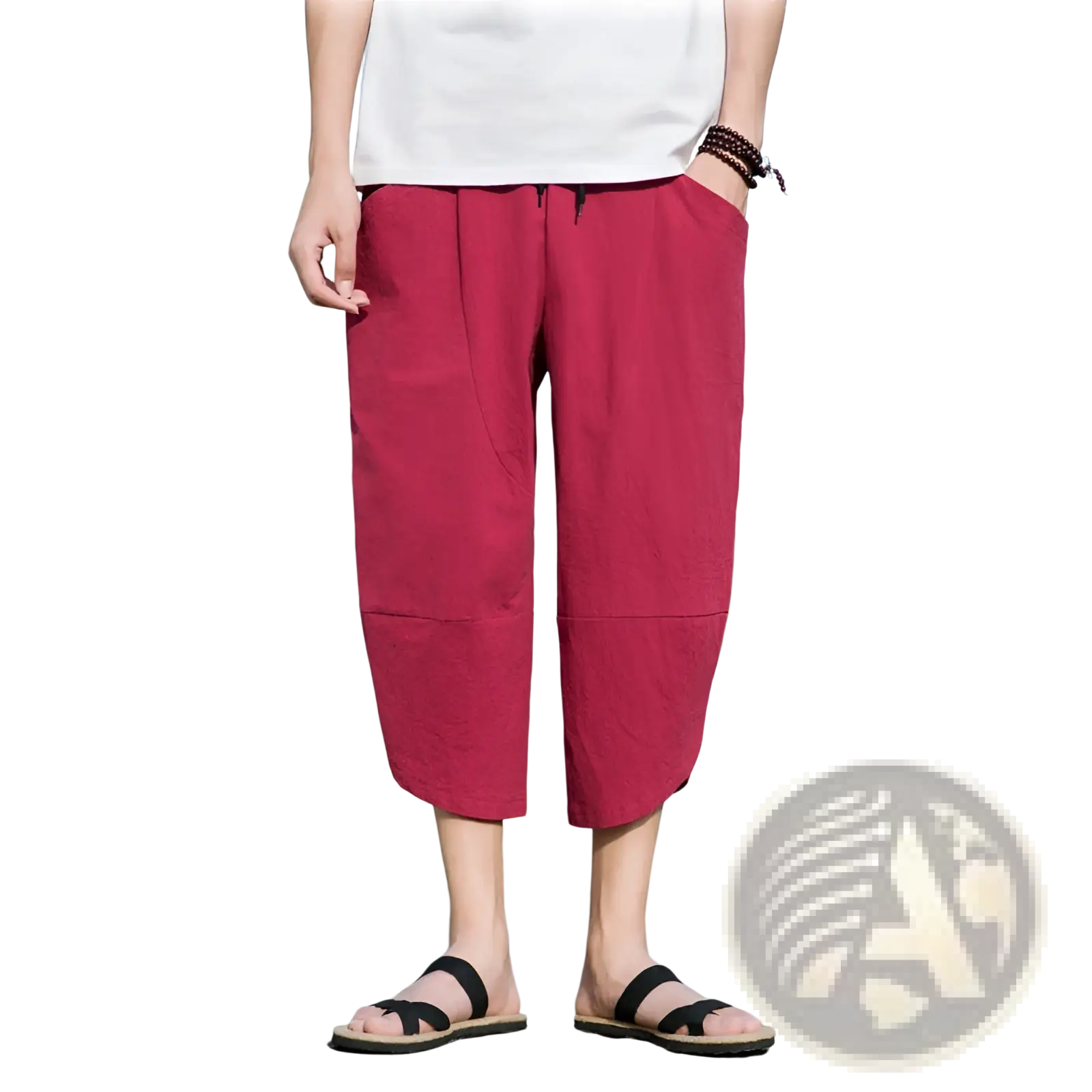 Men’s red linen casual beach pants with a loose fit drawstring waist and patch pockets