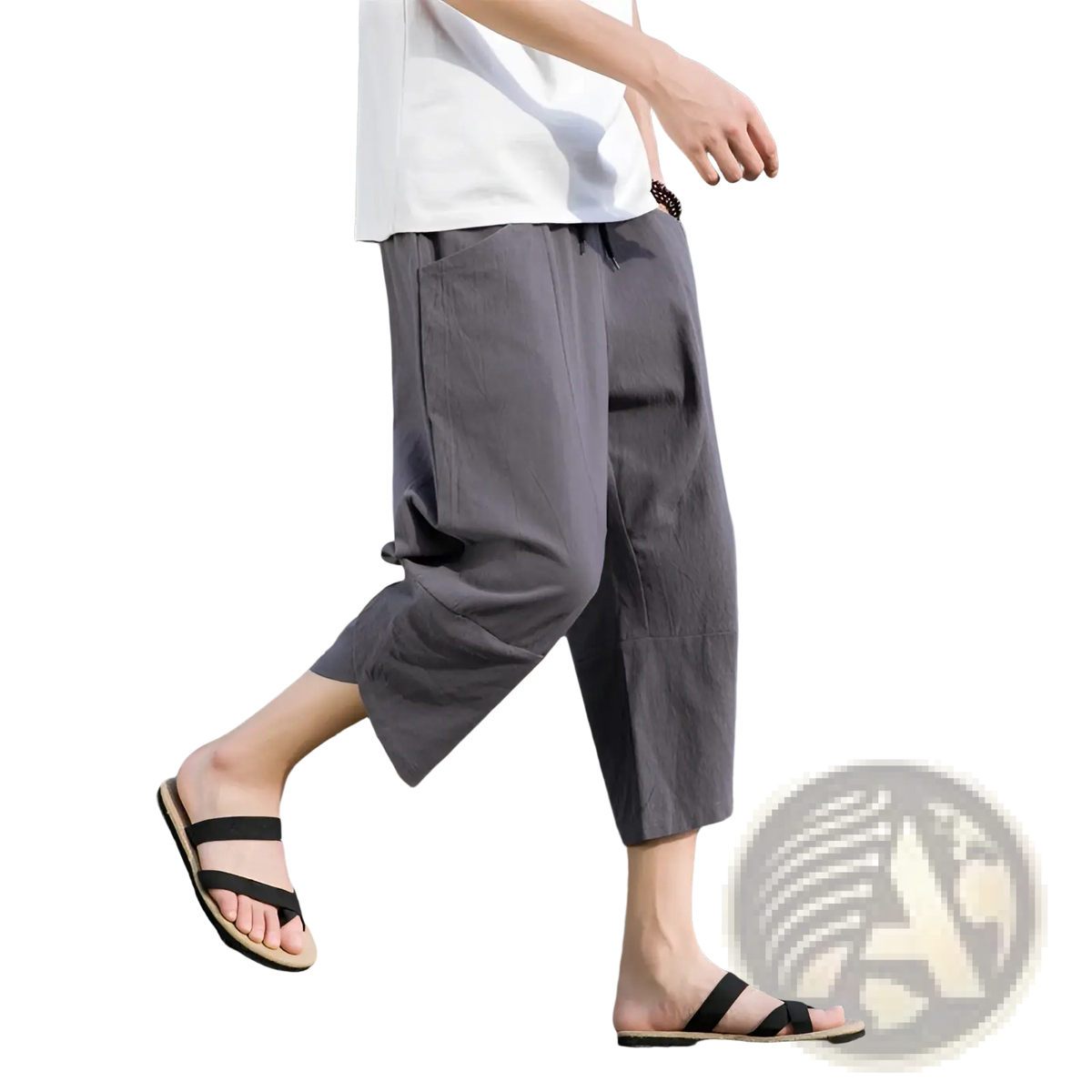 Men’s gray linen casual beach pants with a loose fit and side pockets for a relaxed style
