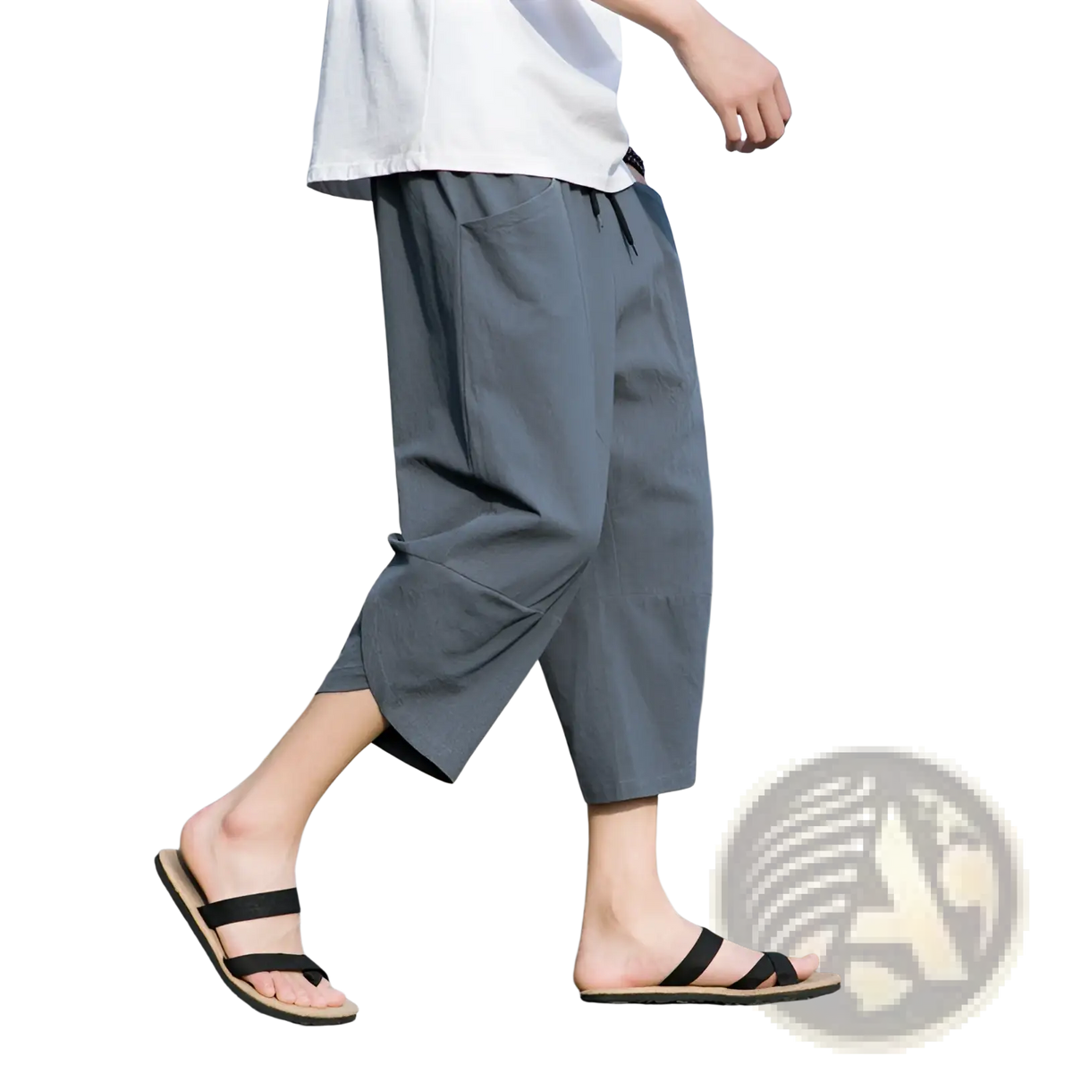 Men’s gray linen casual beach pants with loose fit cotton fabric and side pockets for relaxed comfort