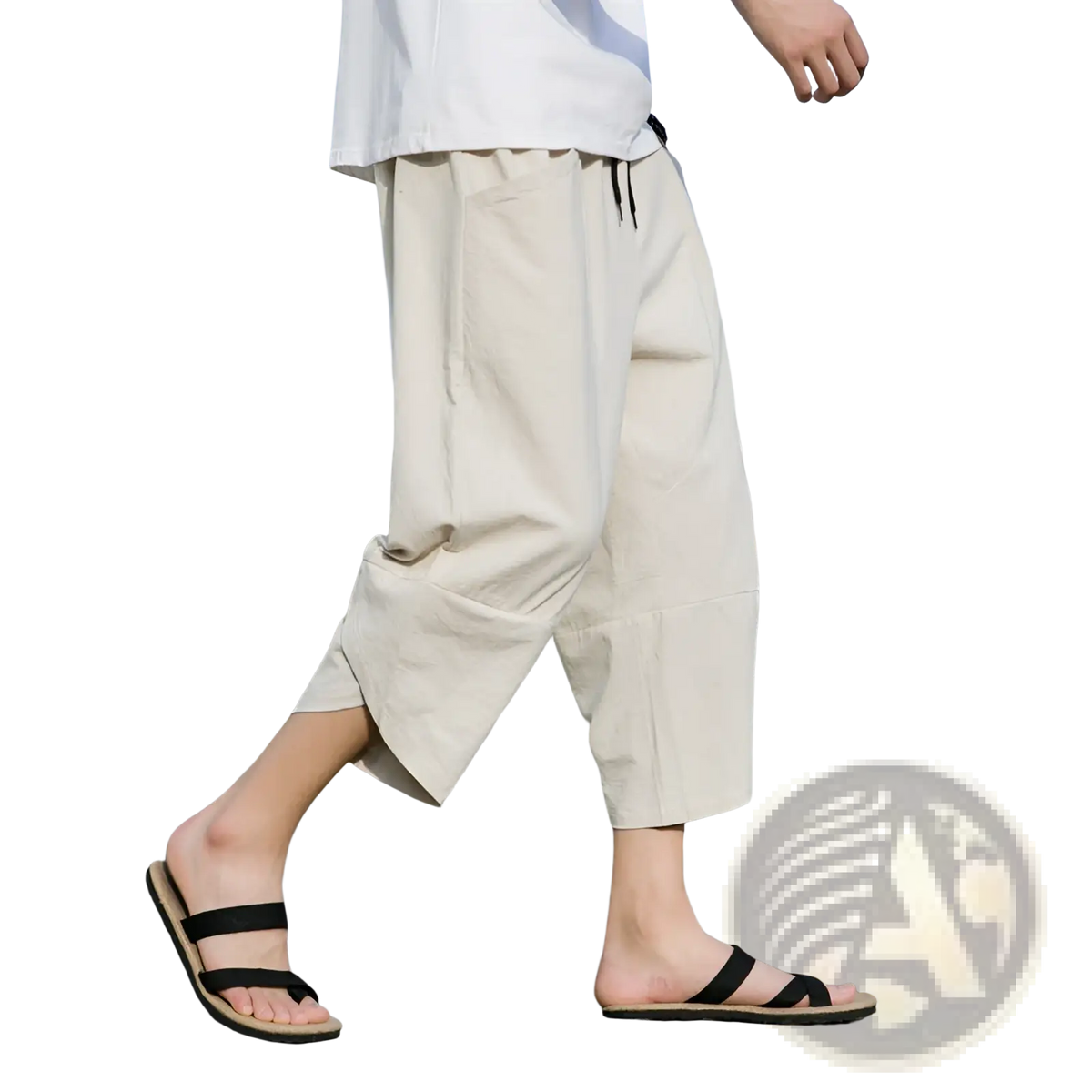 Men’s linen casual beach pants in beige cotton linen with rolled cuffs and black drawstring waistband