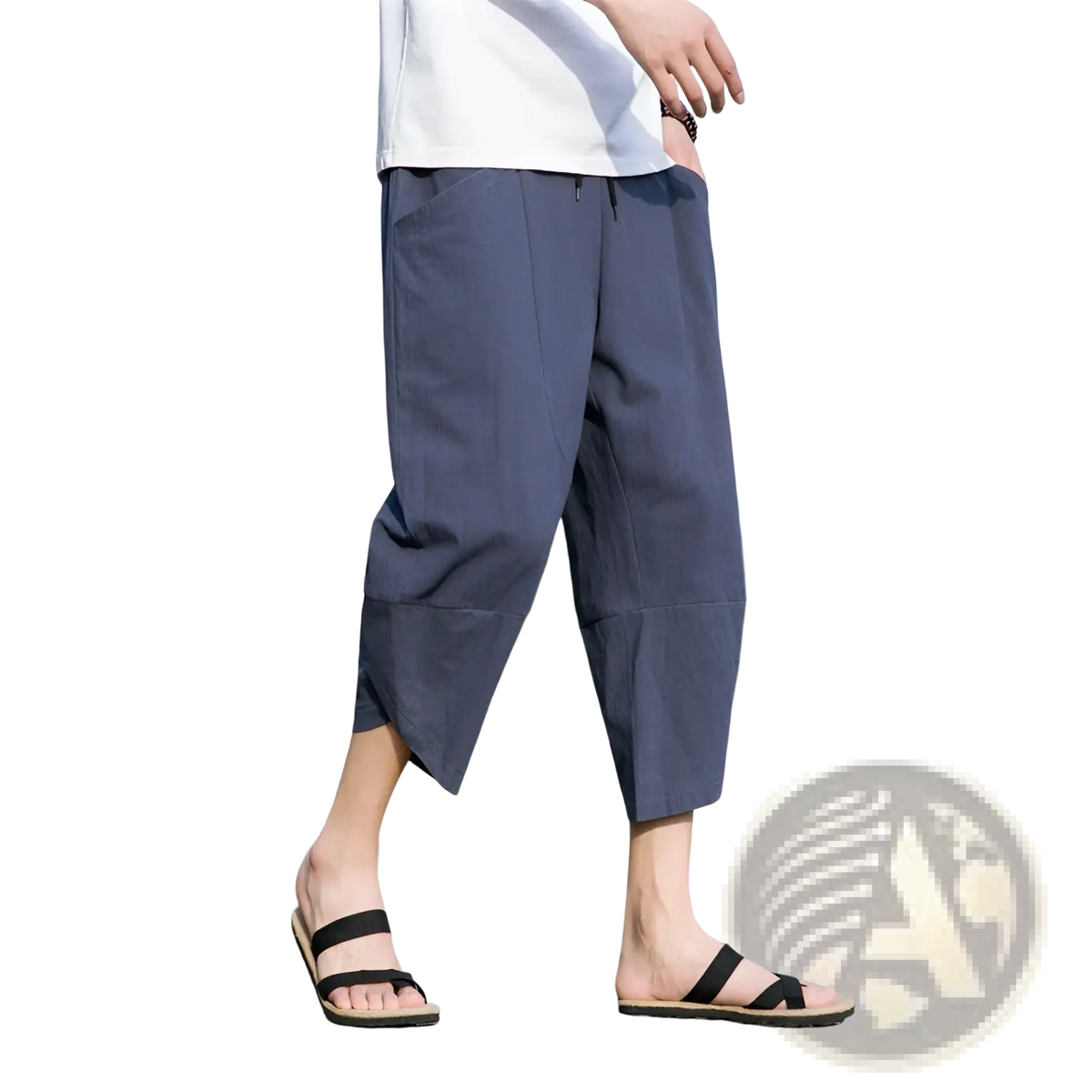 Men’s linen casual beach pants in dark blue cotton with a loose fit, relaxed tapered cut, and subtle side pockets
