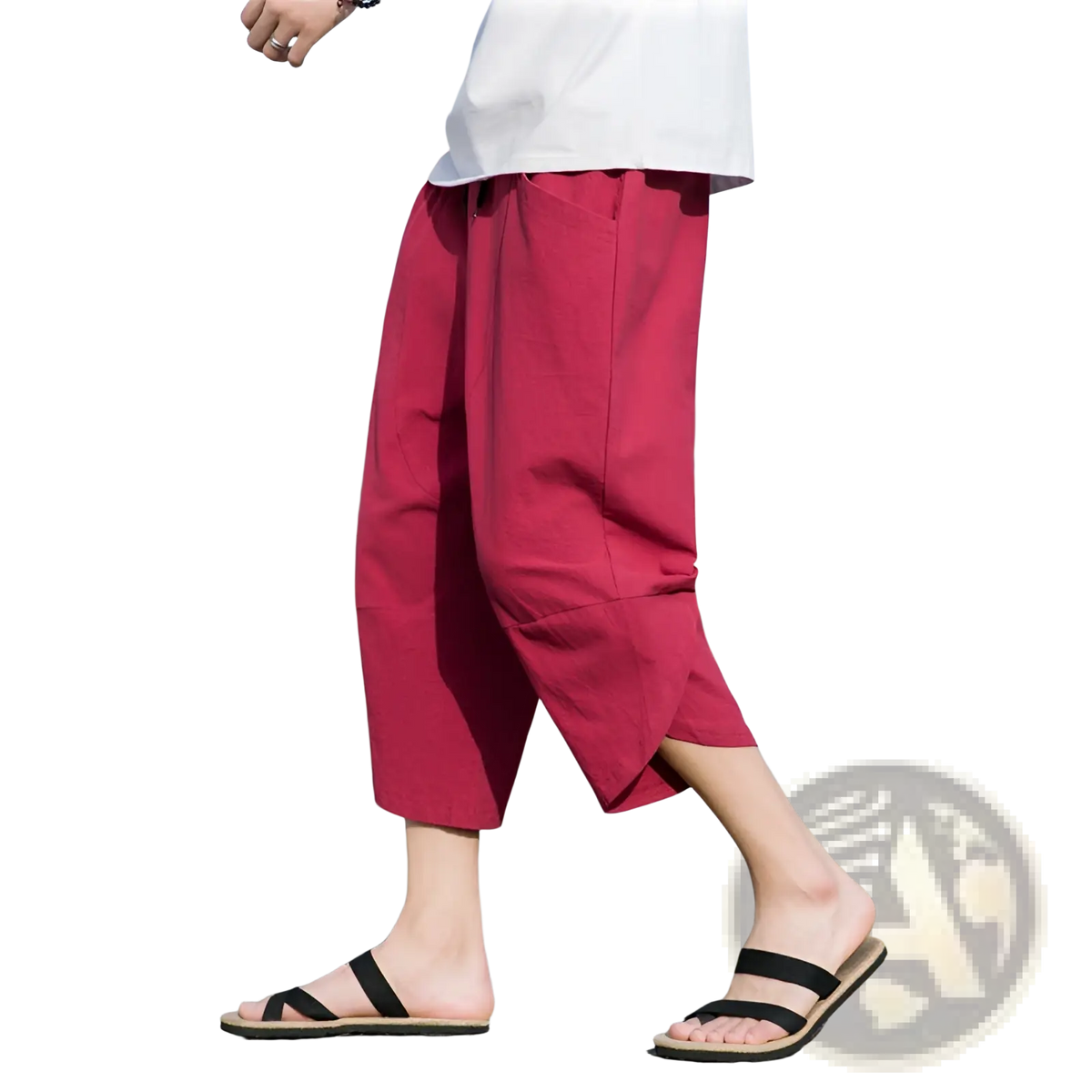 Men’s crimped red linen casual beach pants with a relaxed loose fit and side pockets for comfort and style