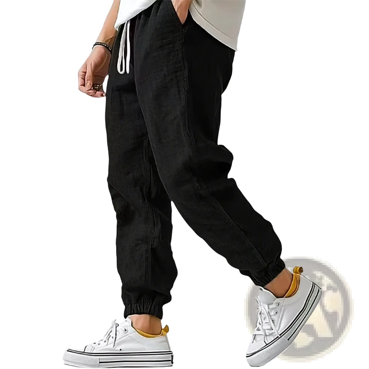 Men’s black linen casual drawstring jogger pants with relaxed fit and elastic cuffs for comfortable wear