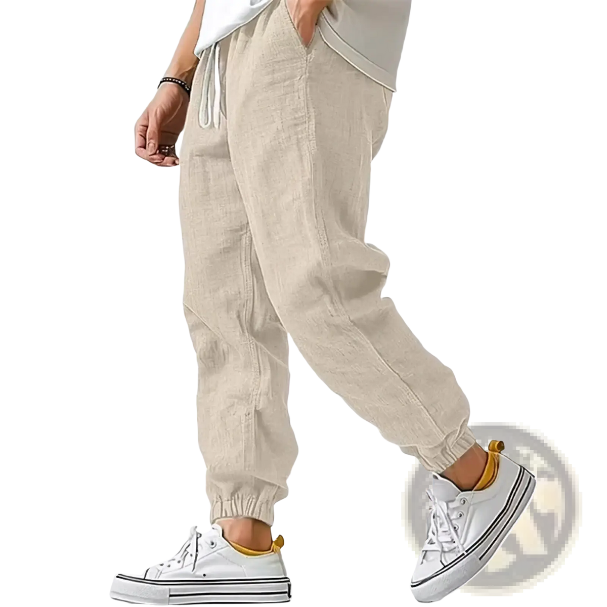 Men’s linen casual pants in beige featuring joggers with a drawstring waist and elastic cuffs for comfort