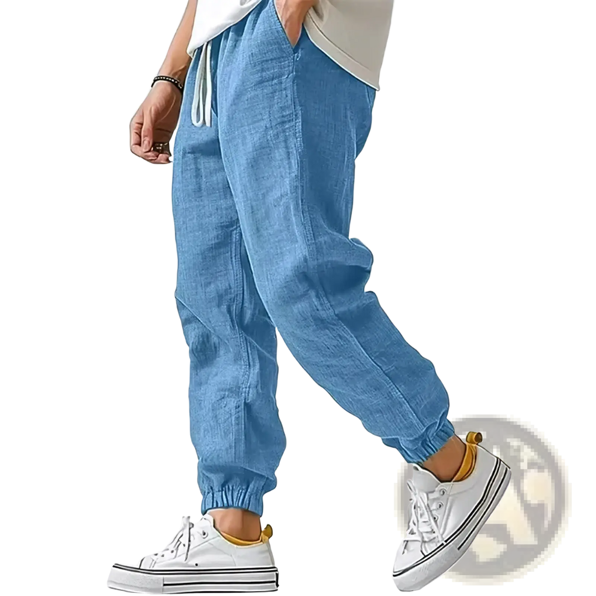 Men’s linen casual pants in light blue with elastic cuffs and white drawstrings for comfortable everyday wear