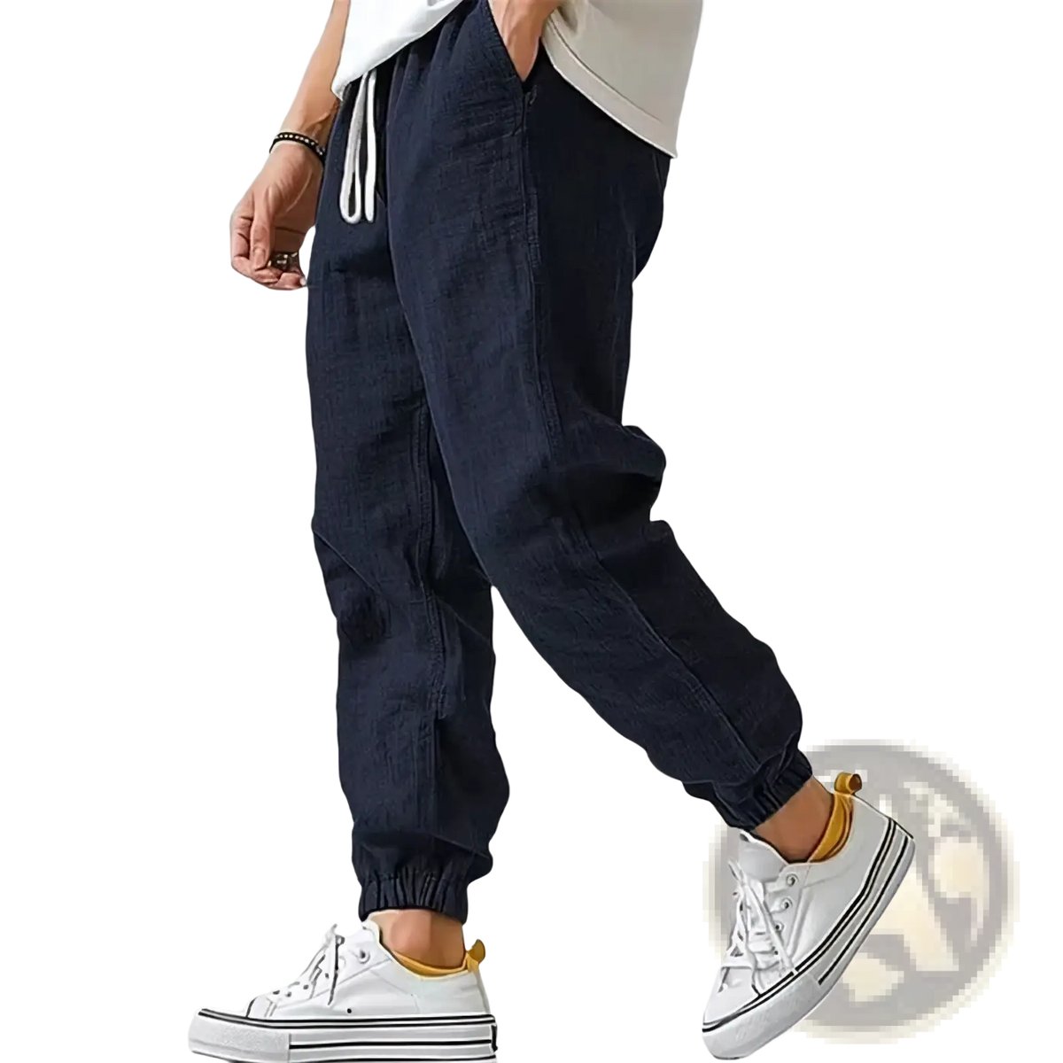Men’s linen casual pants in dark blue with white drawstrings and elastic cuffs for comfortable everyday wear