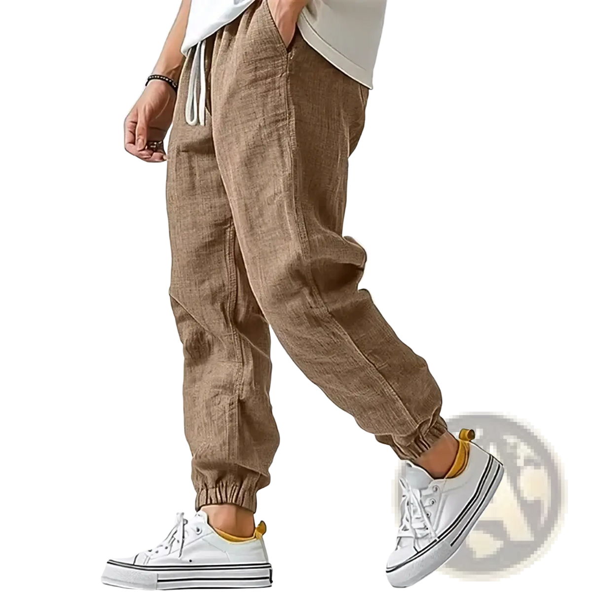 Beige linen men’s casual joggers with drawstring waist and elastic cuffs for comfortable everyday wear