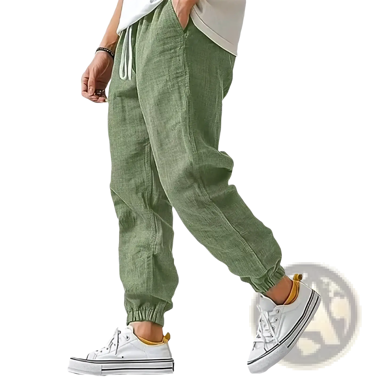 Men’s olive green linen casual pants featuring white drawstrings and elastic cuffs for comfortable wear
