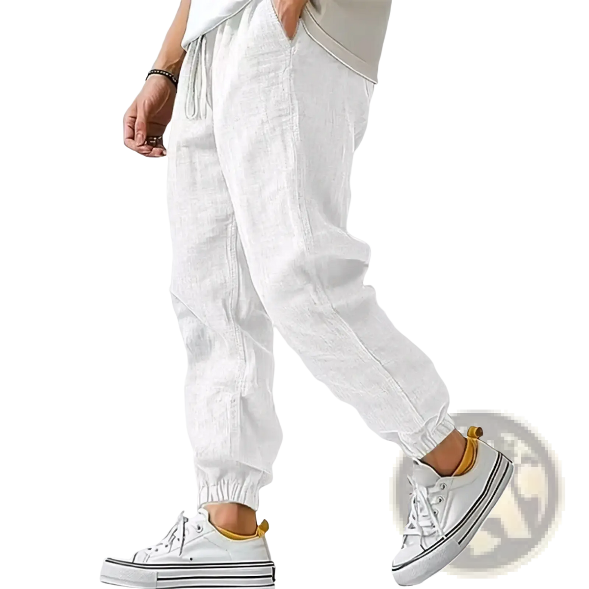 White linen joggers with relaxed fit and elastic cuffs for men casual comfort and style
